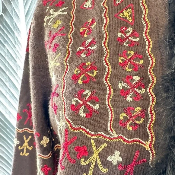Bohemian Boho L Sweater Cardigan Shacket Merino Wool Rabbit Fut Brown Red Gold - Picture 7 of 16